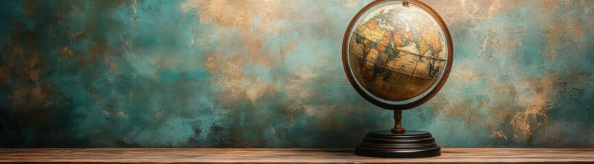 A high-definition photo of a vintage globe, featuring detailed hand-painted continents with an aged patina and slight cracks in the surface, sitting on a wooden stand with ample copy space around it