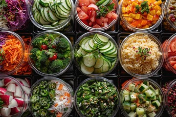 Vegetables are cut in plastic round boxes. Preparations for salad in restaurant, top view.