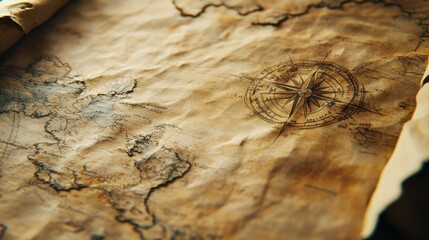A realistic close-up of a weathered nautical chart, showcasing detailed coastlines and compass roses, with a faded, aged look and gentle folds in the paper, leaving copy space for text on the