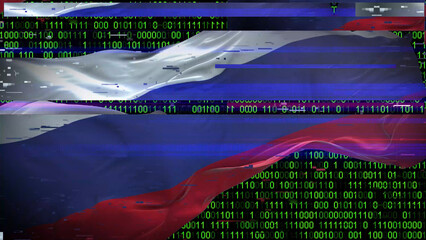 Binary code on flag of Russia. Program source code or Hacker concept on Russian flag. Russia...