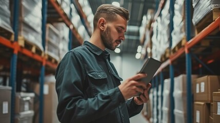 Warehouse Worker Using Tablet for Inventory Management