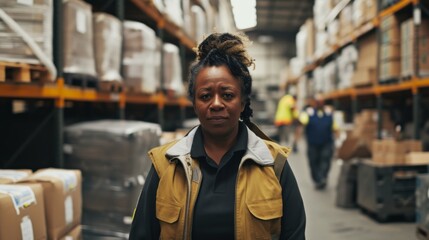 Obraz premium Portrait of a Woman Warehouse Worker in a Busy Industrial Setting