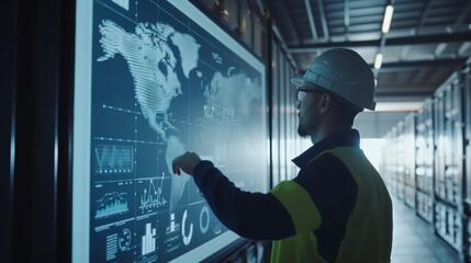 Worker Analyzing Global Supply Chain Data on Interactive Screen in Warehouse