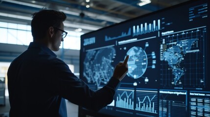 Data Analyst Examining Global Data on Large Screen