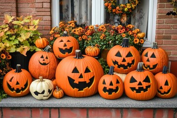 Halloween pumpkin decorations. Pumpkin for decorated house. Halloween Decorated at front yard of a American home. Halloween decorated front door with pumpkins.with generative ai