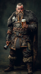 Fototapeta premium A fantasy Viking warrior in full armor holding a beer mug, dressed in leather and metal with fur