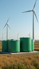 Obraz premium Wind Turbine-topped green hydrogen storage facility - realistically rendered 3D visualization