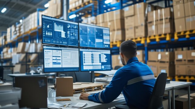 Warehouse Worker Analyzing Data on Multiple Monitors