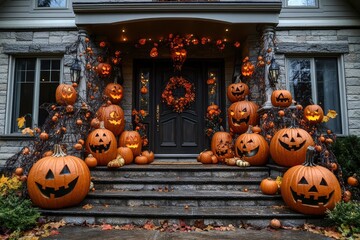 Obraz premium Halloween pumpkin decorations. Pumpkin for decorated house. Halloween Decorated at front yard of a American home. Halloween decorated front door with pumpkins.with generative ai