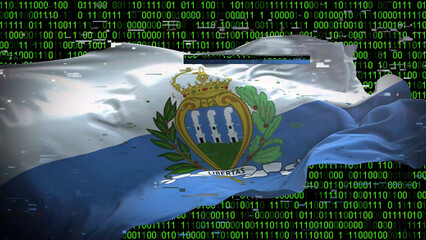 Binary code on flag of San Marino. Program source code or Hacker concept on San Marino flag. San...