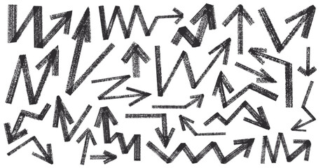 Big set of arrow icons, various directions. Bold grunge brush drawn arrows with lightning shapes. Template black angled bold brush strokes with scratches. Vector hand drawn grunge direction pointers.