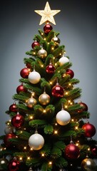 Fototapeta premium A lavishly adorned Christmas tree features colorful ornaments sparkling lights and a shining star atop it