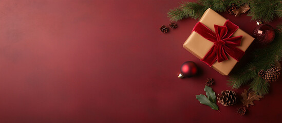 On a plush burgundy surface, a finely wrapped holiday gift is adorned with a deep red velvet bow. Surrounding the gift are seasonal decorations, including shiny ornaments, a soft p