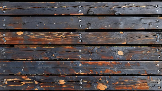 Weathered dark wooden planks are laid out in parallel lines, showcasing distinct textures and the shine of nails. The surface reflects light, revealing a rustic, aged appearance.