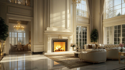 Fototapeta premium fireplce light granite A spacious living room is captured, Art deco interior design of modern living room with fireplace.