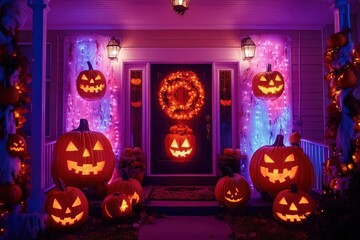 Obraz premium Halloween pumpkin decorations. Pumpkin for decorated house. Halloween Decorated at front yard of a American home. Halloween decorated front door with pumpkins.with generative ai