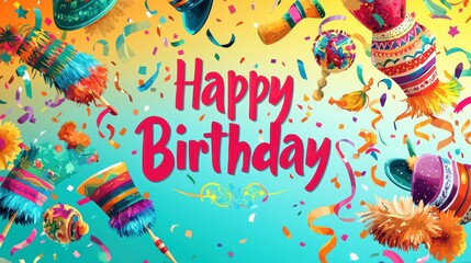 Festive Birthday Card with Fiesta Theme: Vibrant Colors, Maracas, Sombreros, and Piñata Design