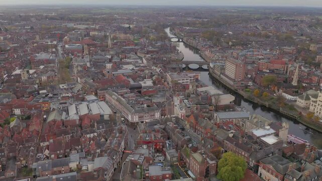 Drone footage of York City Centre and River Ouse aerial view in England