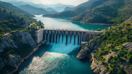 Aerial view of a hydroelectric dam on the river with water being discharged from the reservoir