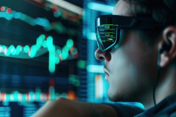 An individual with cybernetic enhancements examining holographic displays of cryptocurrency data in a technologically advanced laboratory, photo
