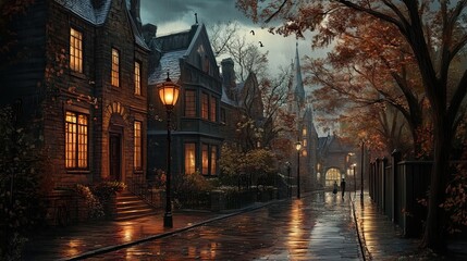 Obraz premium Warm glow from windows invites evening walkers to explore cozy streets lined with autumn leaves and lamplight