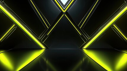 Futuristic luxurious black and neon green yellow background with metallic reflection. Abstract modern technology background