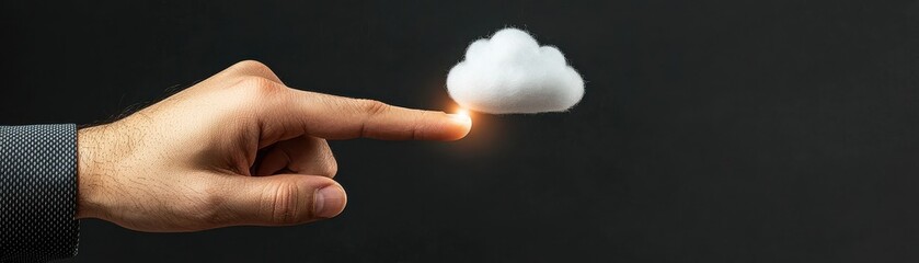 Obraz premium Hand touching a cloud, dark background, concept of cloud computing and digital innovation.