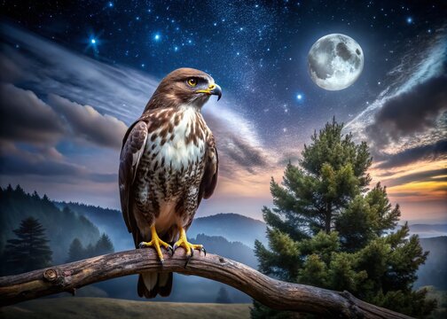Night Photography of Common Buzzard on Tree Branch in Wilderness