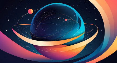 Minimalist geometric design featuring a sphere as a planet, with flowing lines and curves representing celestial bodies. Modern, cosmic-inspired vector art blending science and aesthetics