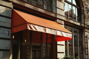 A building with a distinctive red awning, ideal for use in real estate or hospitality marketing