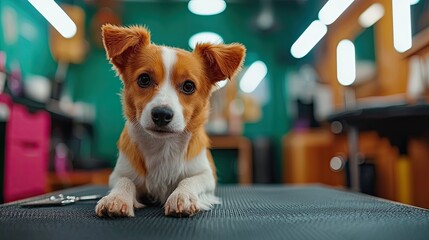 Cute dog lying on a grooming table in a pet salon.
