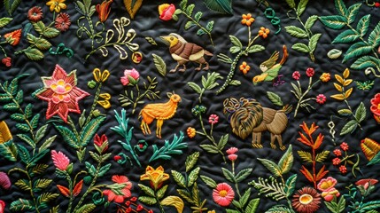 Close-up shot of a colorful quilt featuring animal and flower designs