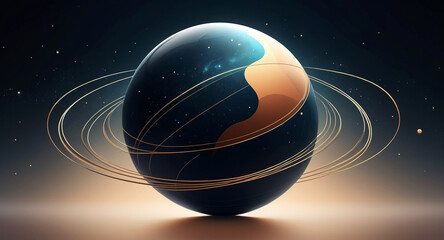 Minimalist geometric design featuring a sphere as a planet, with flowing lines and curves representing celestial bodies. Modern, cosmic-inspired vector art blending science and aesthetics