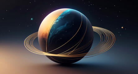 Minimalist geometric design featuring a sphere as a planet, with flowing lines and curves representing celestial bodies. Modern, cosmic-inspired vector art blending science and aesthetics