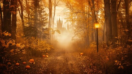 Obraz premium Spooky Dark Forest with Haunted Mansion, Pumpkins, and Foggy Path – Perfect Halloween Poster Background with Copy Space