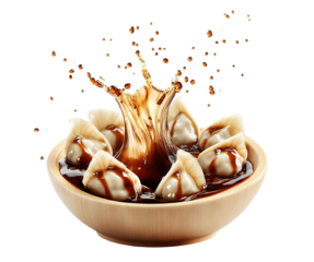 Delicious dumplings splashing in soy sauce, cut out