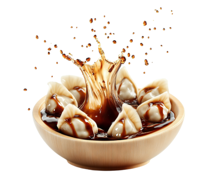 Delicious dumplings splashing in soy sauce, cut out