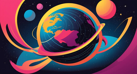 Minimalist geometric design featuring a sphere as a planet, with flowing lines and curves representing celestial bodies. Modern, cosmic-inspired vector art blending science and aesthetics