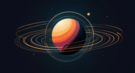 Minimalist geometric design featuring a sphere as a planet, with flowing lines and curves representing celestial bodies. Modern, cosmic-inspired vector art blending science and aesthetics