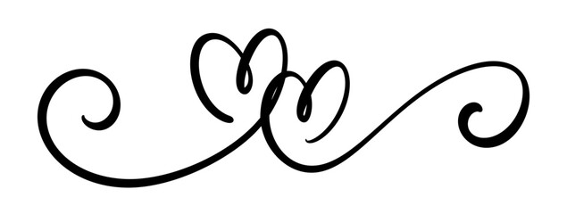 Scroll flourish of duo hearts in calligraphic style isolated on white background.