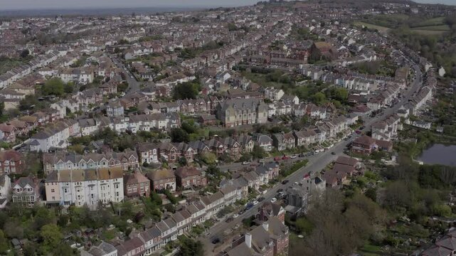 Drone shot of residential buildings in Hastings on a clear day in England, UK