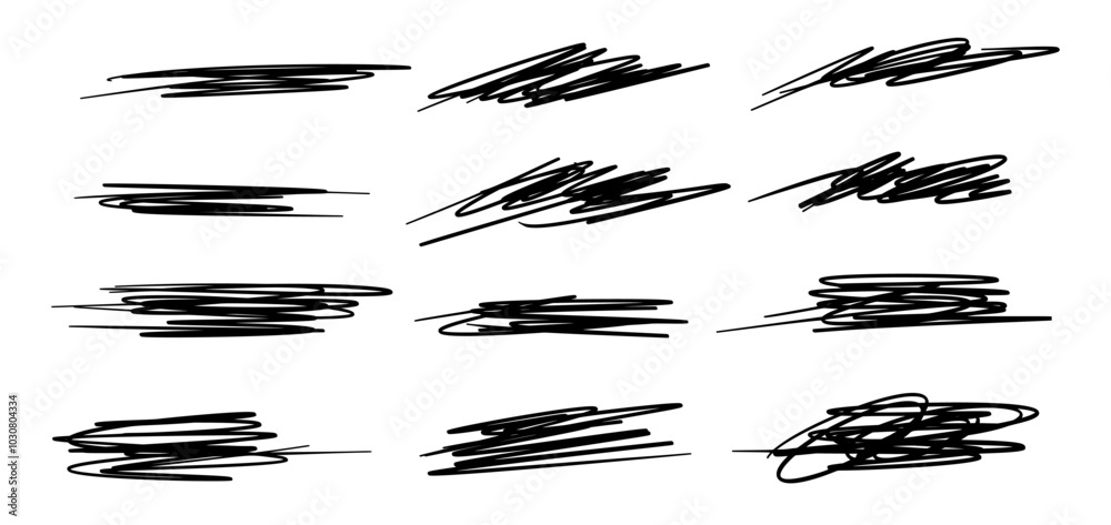 Poster collection of hand drawn marker strikethroughs and underlines. includes various scribble lines and b