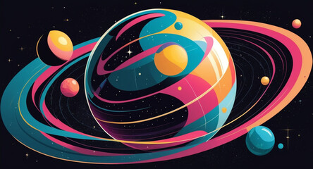 Minimalist geometric design featuring a sphere as a planet, with flowing lines and curves representing celestial bodies. Modern, cosmic-inspired vector art blending science and aesthetics