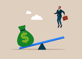 Businessman flying up receiving funding to start new company. Big money dollar bag fall on seesaw. Flat vector illustration