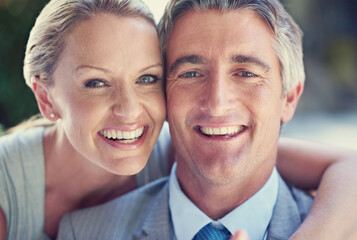 Business, embrace and portrait of mature couple with smile, support and confidence in morning. Man, woman and happy partner in corporate management for entrepreneur team with love, trust and bonding