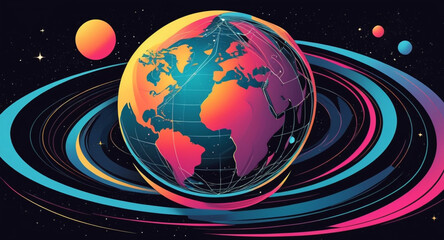Minimalist geometric design featuring a sphere as a planet, with flowing lines and curves representing celestial bodies. Modern, cosmic-inspired vector art blending science and aesthetics