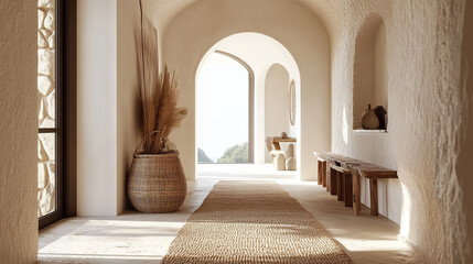 Boho Mediterranean Interior Design with Modern Arched Wall and Stylish Home Entryway, Discover an Enchanting Entryway and Hallway, Adorned with Arched Walls.