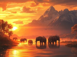 Fototapeta premium elephants at sunset