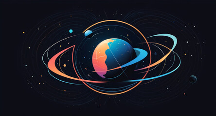 Minimalist geometric design featuring a sphere as a planet, with flowing lines and curves representing celestial bodies. Modern, cosmic-inspired vector art blending science and aesthetics