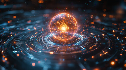 Nuclear-Powered AI glowing atomic structure symbolizing energy driving AI science concept.
